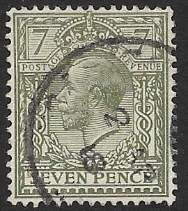 SG387 7d Olive Used Royal Cypher (Simple) Watermark (King George V 1912-1924 Stamps)