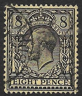 SG390 8d Black/Yellow Used Royal Cypher (Simple) Watermark (King George V 1912-1924  Stamps)