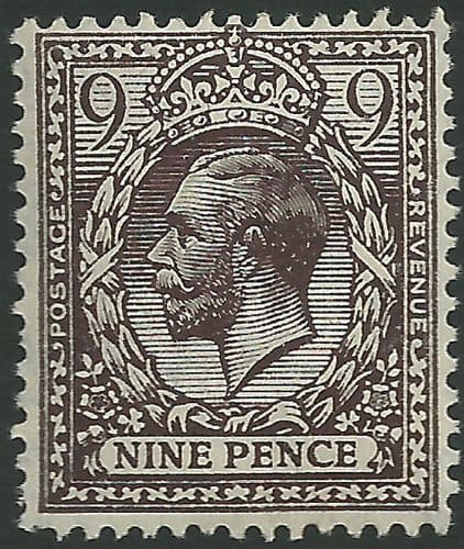SG393 9d Deep Agate MOUNTED Mint (King George V 1912-22 Royal Cypher Watermark Stamps)