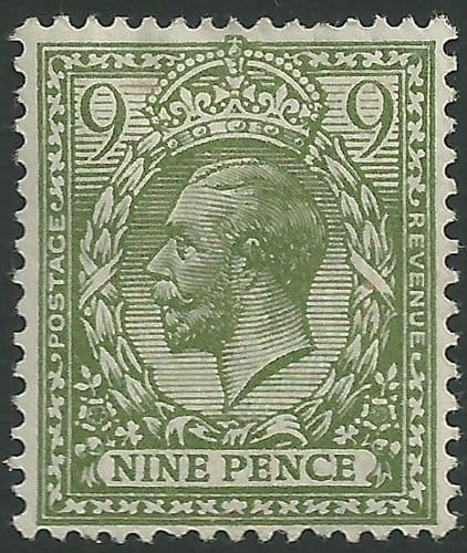 SG393a 9d Olive-Green MOUNTED Mint (King George V 1912-22 Royal Cypher Watermark Stamps)