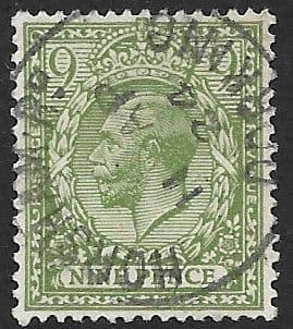 SG393a 9d Olive-Green Used Royal Cypher (Simple) Watermark (King George V 1912-1924  Stamps)