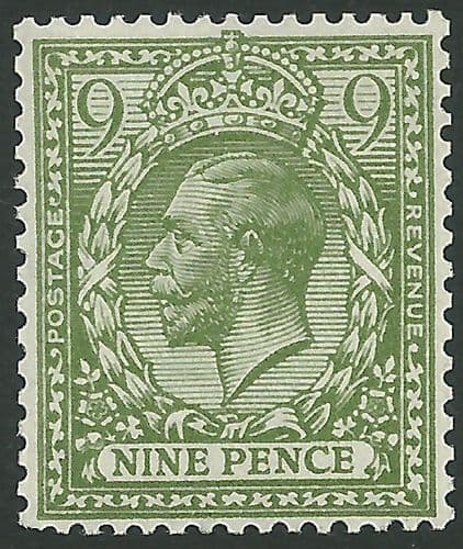SG393b 9d Pale Olive-Green MOUNTED Mint (King George V 1912-22 Royal Cypher Watermark Stamps)