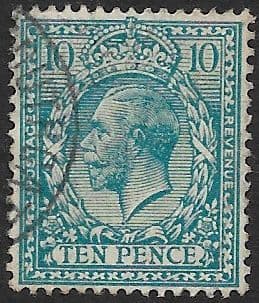 SG394 10d Turquoise-Blue Used Royal Cypher (Simple) Watermark (King George V 1912-1924 Stamps)