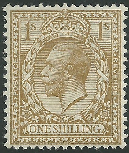 SG396 1/- Bistre-Brown MOUNTED Mint (King George V 1912-22 Royal Cypher Watermark Stamps)