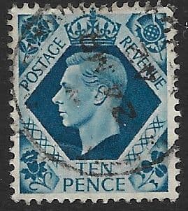 SG474 10d Turquoise-Blue Used (George VI 1937 Definitive Stamps)