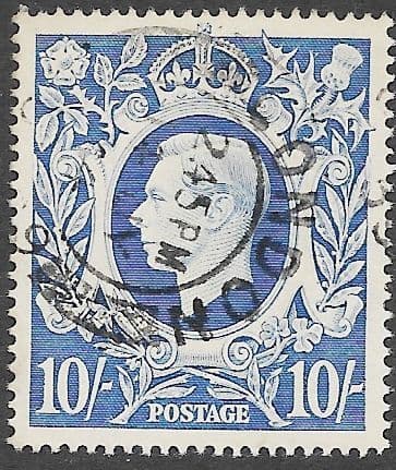 SG478b 10/- Ultramarine Used (George VI 1939 High Values)