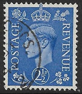 SG489 2½d Light Ultramarine Used (George VI 1941 Definitive Stamps)