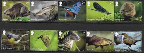 SG5045-5054 2023 River Wildlife Stamp Set (With 1 Band Phosphor Error on 1st Class)
