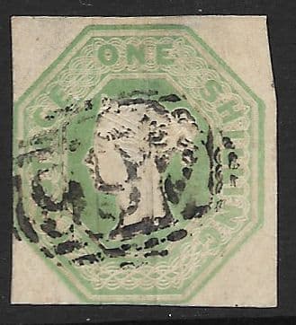 SG54 1/- Pale Green Queen Victoria Embossed Stamp (Slight Thin) (Stock 54004)
