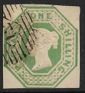 SG55 1/- Green Queen Victoria Embossed Stamp (Scissor Cut Top Right))(Stock 55004)