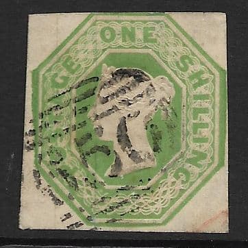 SG55 1/-  Green Queen Victoria Embossed Stamp (Stock 55005)