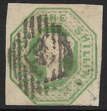 SG55 1/-  Green Queen Victoria Embossed Stamp Threads 20mm Apart (Stock 55002)