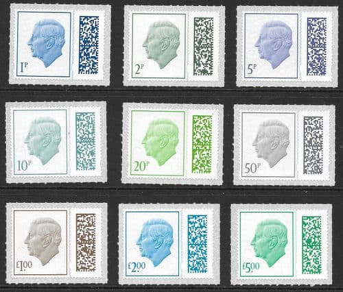 V5100 etc Set of 9 High & Low Values Barcoded Stamps MAIL M23L (No Source Code, Date Code 23)