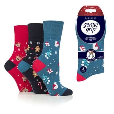 3 Pack Ladies XMAS Gentle Grip Cotton Socks Non-Elastic Honeycomb Top Diabetic Dark
