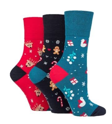 3 Pack Ladies XMAS Gentle Grip Cotton Socks Non-Elastic Honeycomb Top Diabetic Dark