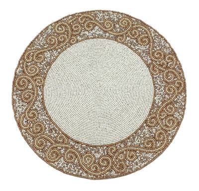 Ava Round Beaded Scroll Design Christmas Table Place Mat - Gold