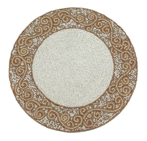 Ava Round Beaded Scroll Design Christmas Table Place Mat - Gold