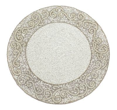 Ava Round Beaded Scroll Design Christmas Table Place Mat - Silver