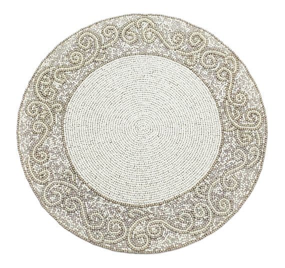 Ava Round Beaded Scroll Design Christmas Table Place Mat - Silver