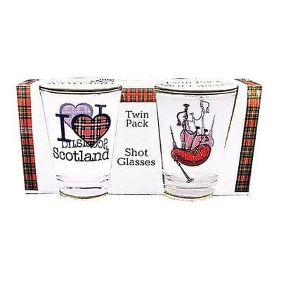 Bagpipes & I Love Scotland Shot Glasses Twin Pack – by Thistle Products Ltd