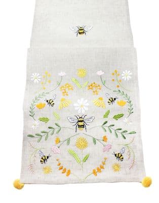 Bee Meadow Embroidered Table Runner Floral Design  14 x 75 Inch Polyester Linen Blend Dining Table