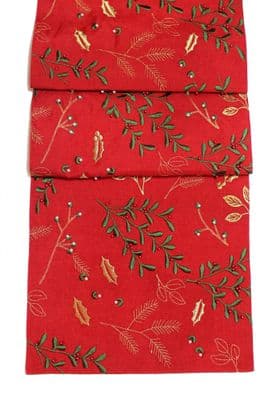 Berry Beads Christmas Embroidered Holly Leaves & Pine Branchs Table Runner 14