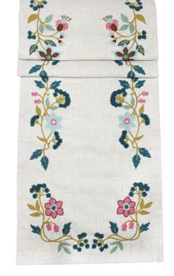 Bethany Floral Embroidered Table Runner  14 x 75 Inch Polyester Linen Blend Dining Table Linen