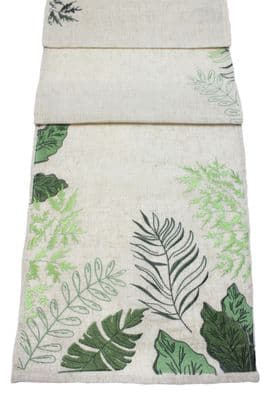 Canopy Embroidered Leaf Table Runner Garden Botanical Design  14 x 75 Inch Polyester Linen Blend