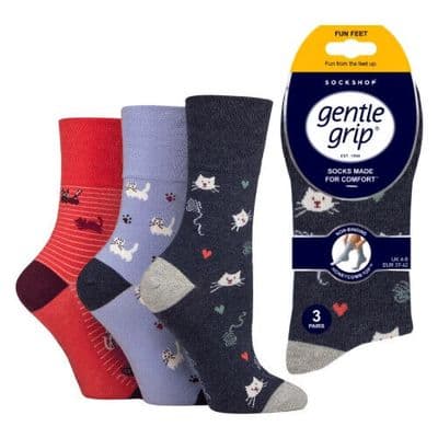Cat Cotton Socks – Non–Elastic Honeycomb Top, 3 Pack – by Gentle Grip