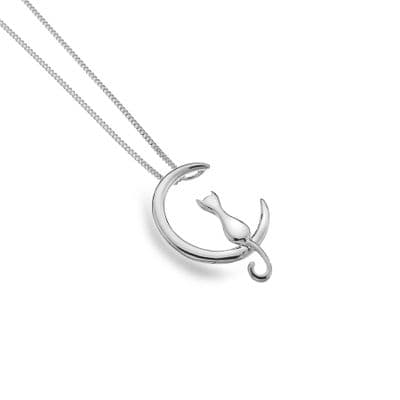 Cat on Moon 925 Sterling Silver Necklace Pendant