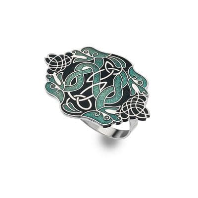 Celtic 2 Dragons Enamel Scarf Ring – Green by Sea Gems