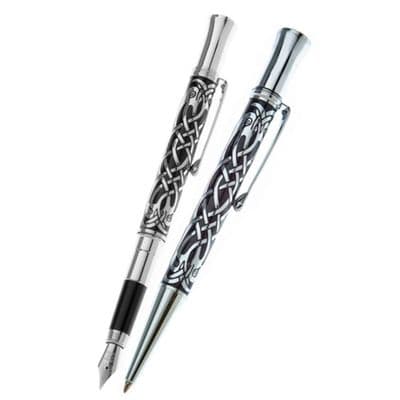 Celtic Bird Pen Set - Etched Brass, Rhodium Plated (FP/BP)
