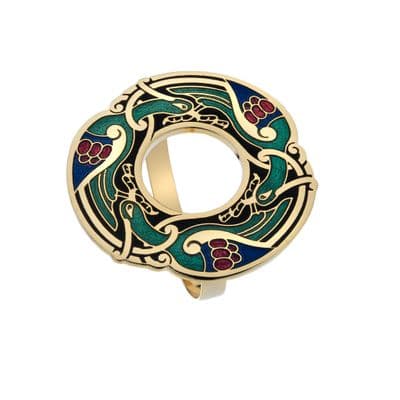 Celtic Birds Scarf Ring – Gold Tone & Green Enamel by Sea Gems