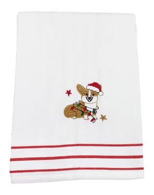 Christmas Corgi Embroidered 100% Cotton Tea Towel - 50cm x 68cm