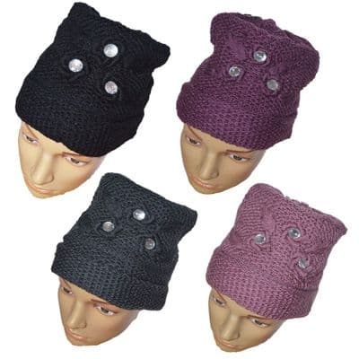 Chunky Knit Ladies Girls Knitted Beanie Beehive Hat Diamante Flowers