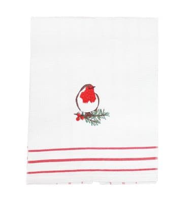 Dawn Chorus Christmas Robin Embroidered 100% Cotton Tea Towel - 50cm x 68cm