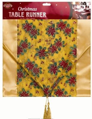 Embroidered Gold Table Runner – 138 cm x 35 cm – Christmas by The Christmas Shop