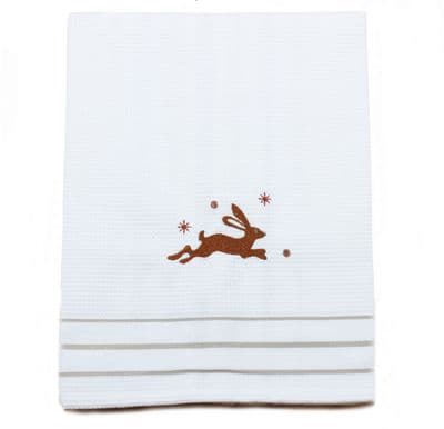 Festive Hare Embroidered Christmas Tea Towel - 50cm x 68cm