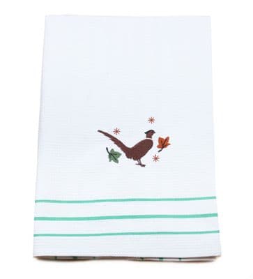 Festive Pheasant Embroidered Christmas Tea Towel - 50cm x 68cm