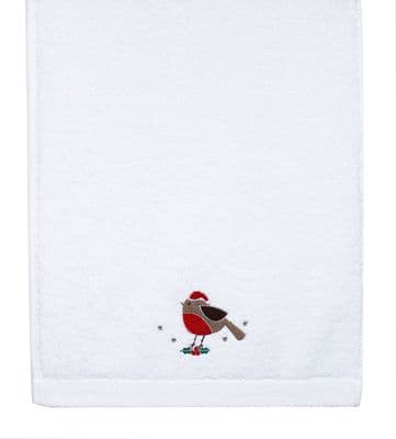 Festive Robin Embroidered Christmas Guest Towel - 30cm x 50cm