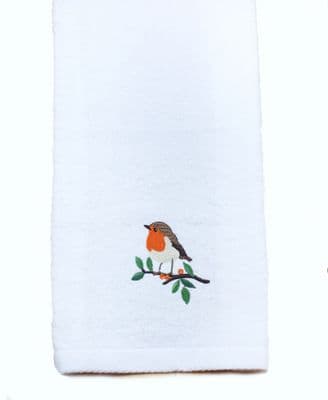 Festive Robins Shadow Embroidered Christmas Hand Towel - 50cm x 70cm