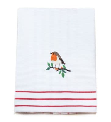 Festive Robins Shadow Embroidered Christmas Tea Towel - 50cm x 68cm