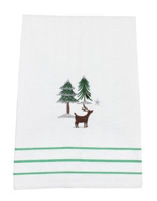 Frosted Forest Christmas Stag Embroidered 100% Cotton Tea Towel - 50cm x 68cm