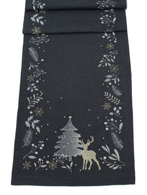 Frosty Forest Embroidered Christmas Table Runner Pewter  14x75