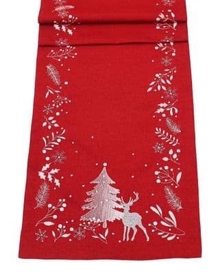 Frosty Forest Embroidered  Christmas Table Runner Red  14x75