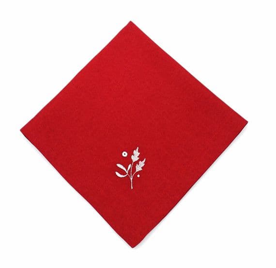 Frosty Forest Mistletoe  Embroidered Christmas Napkin Red