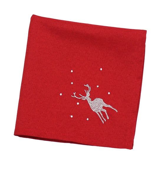Frosty Forest Stag  Embroidered Christmas Napkin Red