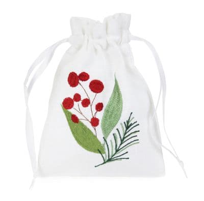Graceful Christmas Embroidered Leaves & Berries Gift Bag - 12cm x 16cm