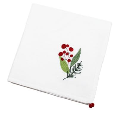 Graceful Christmas Embroidered Leaves & Berries Napkin - 45cm x 45cm