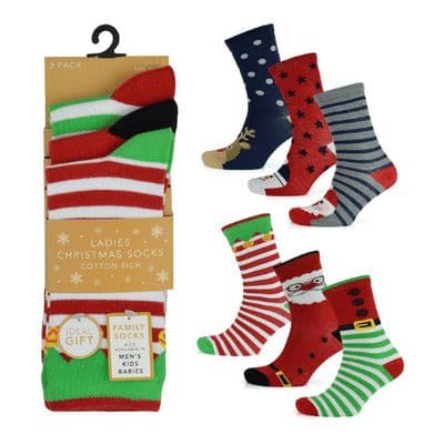 Ladies 3 Pack Christmas Design Socks - Size 4 - 8 Cotton Rich